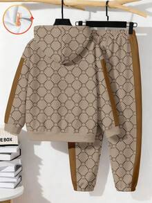 2 件 KING 青少年男孩休闲简约长袖连帽运动衫套装，适合秋冬季 - 彩色 - 查看 3