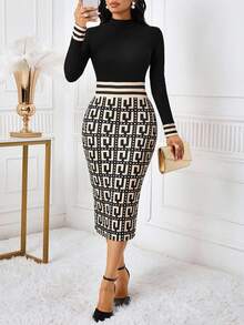 SHEIN Lady CURVE Đầm dài tay in họa tiết màu tương phản thời trang thanh lịch cỡ lớn dành cho nữ - Vàng - Xem 7