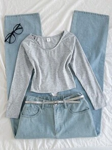 SHEIN 少女高领纯色长袖T恤，百搭基础款打底衫 - 灰色 - 查看 4