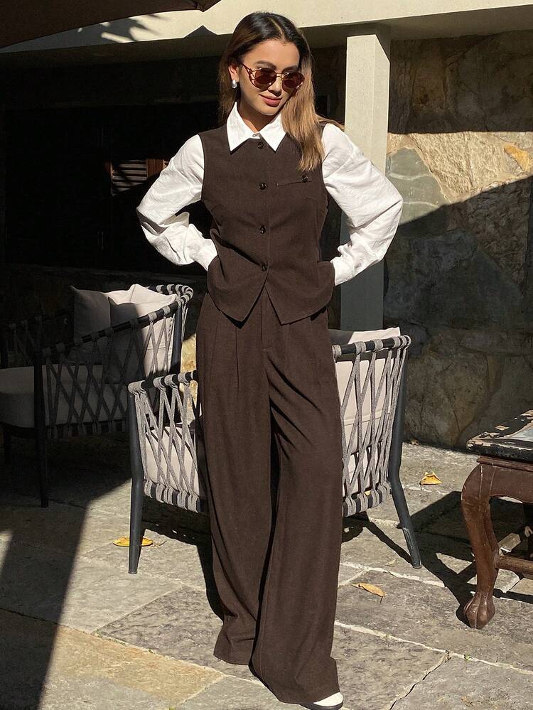 Women's Round Neck Belt Decor Cardigan And Straight Loose Fit Pants Two Pieces Casual Set