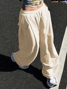 DAZY Women's Solid Color Loose Pleated Sweatpants, Casual Sports Pants, Thermal Lined, Thick For Autumn/Winter - Beige - View 3