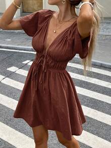 Serisse Đầm mini tay ngắn buộc nơ cổ chữ V sâu cho nữ - Đỏ - Xem 6