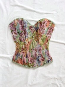 Soleia 女士复古宫廷风彩色花卉提花印花抹胸露脐上衣，带纽扣和后系带 - 彩色 - 查看 4