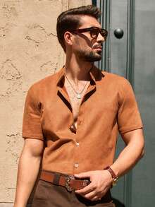 Mainfolk Men's Minimalist Solid Color Single-Breasted Short Sleeve Shirt - Khaki - View 2