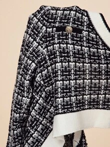 Editum Women's Black And White Plaid Contrast-Trim Decorated Short Cardigan,Long Sleeve Tops For Autumn,Elegant Office Spring & Summer Party Wedding Y2k - Black and White - View 7