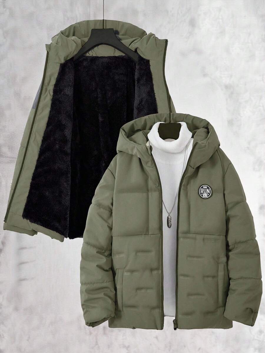 SHEIN Vacaura Tween Boy 户外运动保暖简约拉链纯色棉服外套，绿色