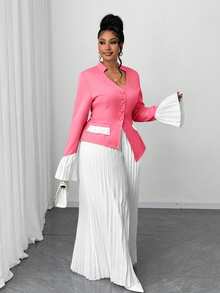 Maweii 2 pièces/Set Blazer ajusté à col en V et patchwork avec ourlet mouchoir et pantalon long plissé pour femmes, tenue de bureau élégante, grande taille