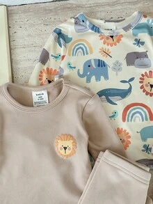 Pixure   Snug Fit 4pcs Baby Boy Knitted Cute Animal Pattern Round Neck Bodysuit & Pants Pajama Set, Toddler Sleep Wear Pajama Baby Set Neutral Baby Clothes Unisex - Multicolor - View 7