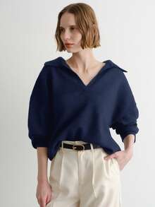 FRIFUL 女式纯色深灰色翻领落肩长袖宽松休闲百搭毛衣，秋冬 - 藏蓝色 - 查看 5