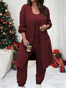 Vionelle Bộ 2 áo liền quần không tay màu trơn và áo khoác cardigan dài tay cho nữ - Màu Đỏ Sâu - Xem 3