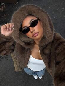 Muchica 女士新款咖啡棕色短款连帽仿皮草外套，冬季 - 咖啡棕 - 查看 1