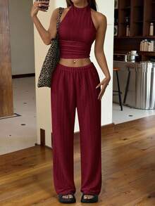 SHEIN EZwear 1 套女士深红色针织休闲紧身套装