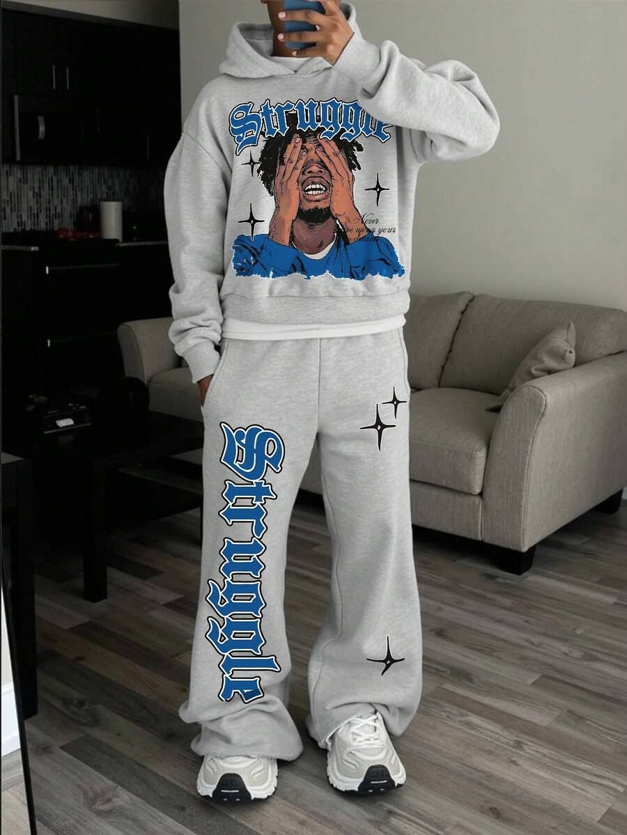 Manfinity EMRG 男士人像字母印花休闲街头风连帽衫和运动裤套装（2件套），秋季男装 - 灰色 - 查看 1