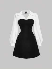 SHEIN MOD 女士秋季翻领长袖收腰撞色A字优雅连衣裙，返校季，秋季连衣裙，外出装扮，教师装，白色长袖连衣裙，格纹粗花呢优雅连衣裙，返校节礼服