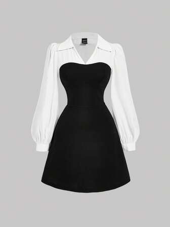 SHEIN MOD Women's Autumn Collared Long Sleeve Waist-Cinched Color-Blocked A-Line Elegant Dress,Back To School,Fall Dresses,Going Out Outfits,Teacher Dress,White Long Sleeve Dresses,Plaid Tweed Elegant Dress,Homecoming Dresses