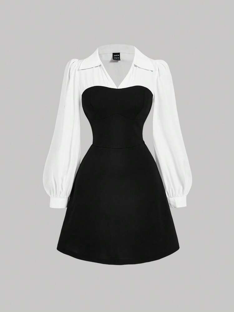 SHEIN MOD 女性の秋のカラーブロック Aラインエレガントドレス、長袖、ウエストシェイプ、バックトゥースクール、秋のドレス、外出着、ティーチャードレス、白の長袖ドレス、チェック ツイード エレガントドレス、ホームカミングドレス - ブラック&ホワイト - 見る 1