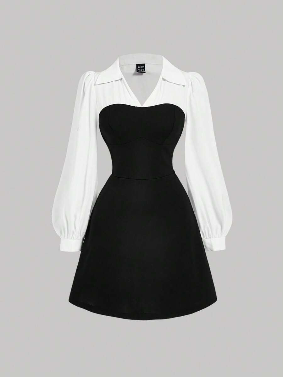 SHEIN MOD 女士秋季翻领长袖收腰撞色A字优雅连衣裙，返校季，秋季连衣裙，外出装扮，教师装，白色长袖连衣裙，格纹粗花呢优雅连衣裙，返校节礼服