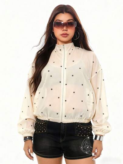 INAWLY Plus Size Casual Polka Dot Print Lightweight Jacket, Autumn