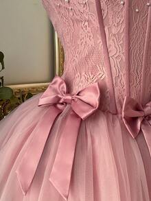 Lovelzi Elegant Dusty Pink Romantic Lace & Mesh Puff Skirt Bandeau Boned Bodice With Detachable Bow Tie Back Adjustable Straps, Suitable For Beach, Date, Birthday, Party, Graduation, Wedding, Prom - Dusty Pink - View 7