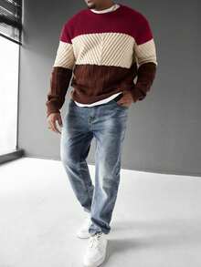 EURMUSE Men's Casual Contrast Color Round Neck Long Sleeve Sweater, Versatile For Autumn - MultiWarna - View 4