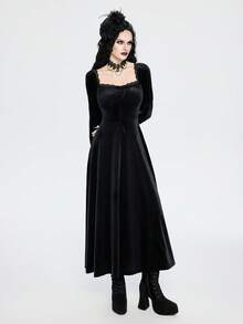 Women's Gothic Elegant Lace Trim Velvet Ruffle Collar Long Sleeve Loose Vintage Dress - Black - View 4