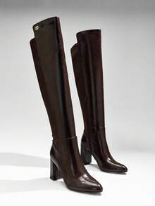 SHUZIA Elegant Women's Oil PU Over Knee Chunky Heel Boots Comfort Fall Winter Holiday Shoe - Chocolate Brown - View 2