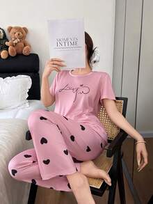 2pcs Women Letter & Heart Print Casual Pajama Set Pink Pajamas Set Cute Sleep Wear Women Curve Pajamas Set Heart Pajama Set Cute Lounge Wear - Pink - View 3
