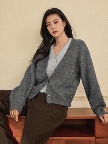 Dazy-Less Áo khoác cardigan trơn màu thường ngày dành cho nữ, đa năng cho mùa thu/đông - Xám - Xem 3