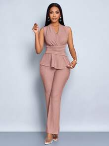 SOLERSUN 女款杏色优雅V领长袖T恤阔腿裤两件套不对称下摆两件套日常休闲女装春夏无袖短袖 - 淺粉色 - 查看 5