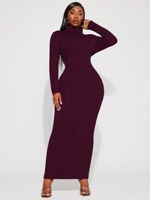 Radiana Vestido Básico Diário Elegante e Sexy para Mulheres Plus Size, Gola Alta, Modelagem Justa, Adequado para Uso Diário e Apresentações de Música Country - Vinho - Visão 7