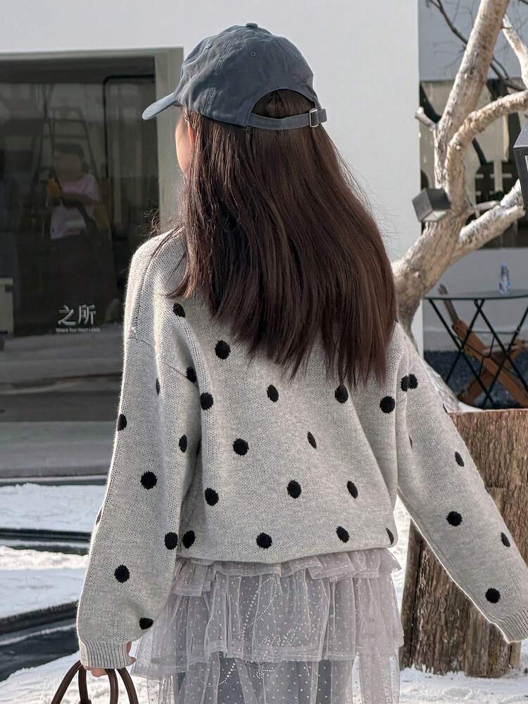Tween Girls Round Neck Polka Dot Knit Sweater, Fall