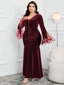 Modelyn 大码优雅派对网纱拼接喇叭袖连衣裙 - 酒紅色 - 查看 5