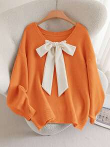 CosyJoli 大码休闲V领蝴蝶结系带宽松套头毛衣，春季/春假 - 橘色 - 查看 6