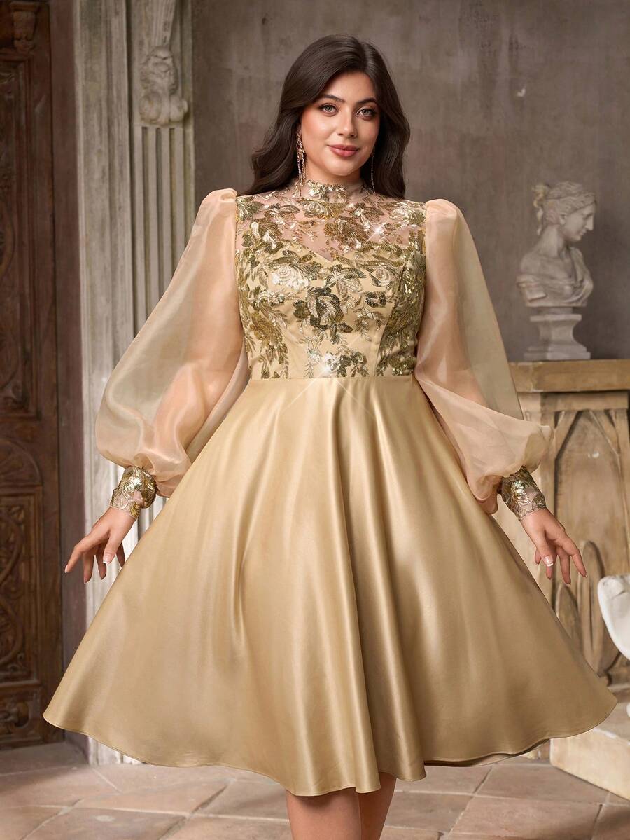 Aureia Váy cưới chữ A tay bồng cổ cao sang trọng, đính sequin lấp lánh, lãng mạn cỡ lớn, phù hợp cho đám cưới, tiệc tùng, lễ kỷ niệm, sự kiện trang trọng, váy dạ hội (Thiết kế đính đá lộng lẫy) - Rượu sâm banh - Xem 1