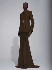 Elitara 女士优雅浪漫简约西装廓形鱼尾下摆长裙，时尚百搭，适合网红、节日、假期、生日、派对、婚礼、正式场合等各种场合。 - 咖啡棕 - 查看 7