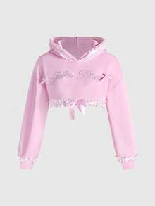 ROMWE J-Fashion Áo sweatshirt nữ tay dài dáng lửng, vai rớt, đính đá và chữ cái, điểm nhấn nơ. - Hồng - Xem 1