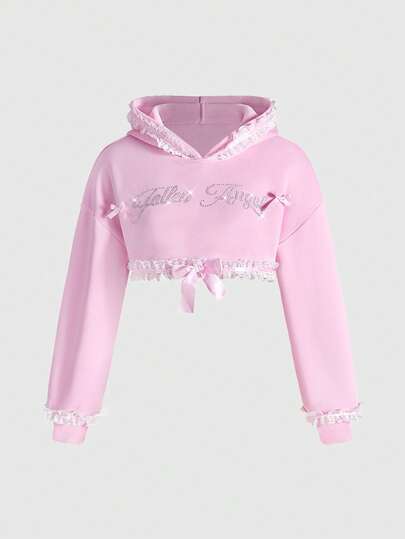 J-Fashion Women's Letter Rhinestone Decor Bow Accent Drop Shoulder Long Sleeve Cropped Hoodie