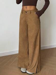 Flirla 女式休闲时尚灯芯绒高开叉宽松直腿及地长裤，秋冬款 - 卡其色 - 查看 8