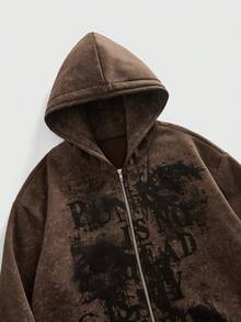 ROMWE MEN Street Life Men's Slogan Print Zip-Up Hooded Sweatshirt - Brown - View 3