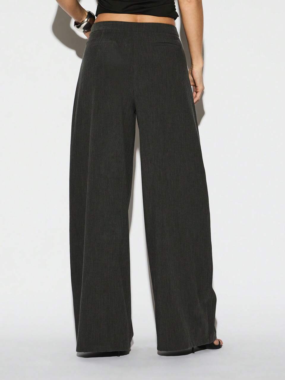 Wide Leg Palazzo Trousers With Wrap Over Hardware Belt Detail High Rise Casual Pants