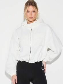 KIZN Women's Cropped Zip Up Hoodie Jacket With Adjustable Drawstring Hem And Ribbed Cuffs For Casual Layering - White - View 6
