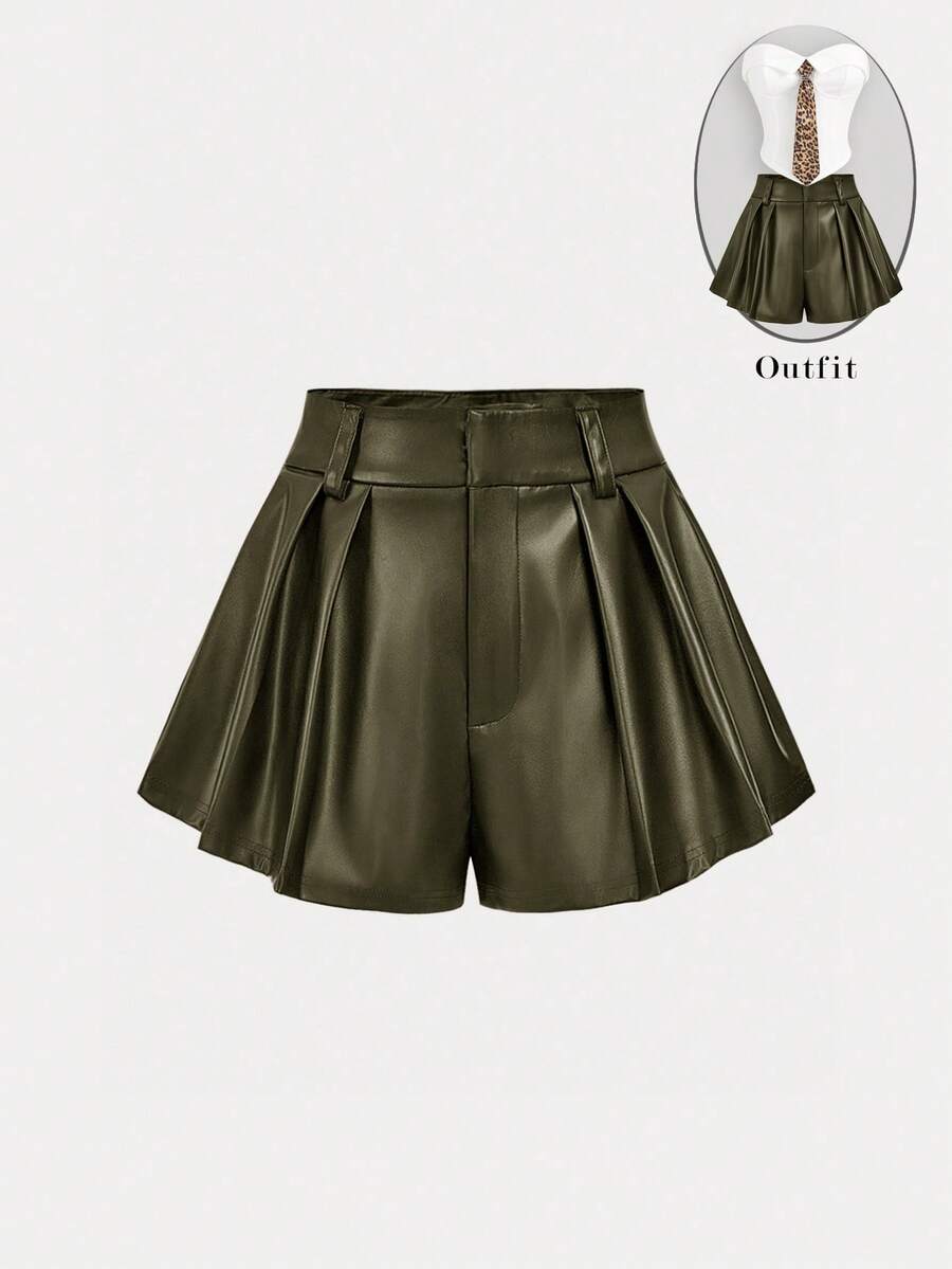 SHEIN MOD Women's Wine Red PU Wide Leg Shorts