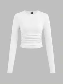 SHEIN EZwear 3件套女士休闲纯色圆领褶皱长袖T恤，秋冬季 - 彩色 - 查看 8
