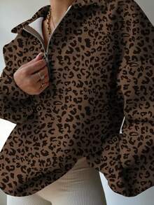 INAWLY 女士休闲豹纹落肩宽松套头衫，秋冬装，毕业典礼，教师装，返校秋季 - 巧克力棕 - 查看 4
