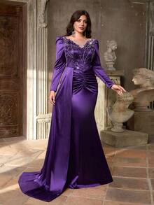 Aureia 大码优雅奢华紫色亮片拼接缎面圆领连衣裙，饰有奢华亮片贴花设计，长袖修身褶皱鱼尾下摆拼接连衣裙，适合晚宴、单身派对、约会、舞会、度假、婚礼、生日、盛大晚会（需盛装出席）、情人节等场合。 - 紫色 - 查看 3