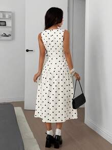 SHEIN EZwear 常规款V领波点无袖女式连衣裙 - 白色 - 查看 2