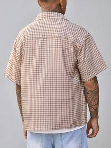 Devon Thys 男士格纹短袖单排扣休闲衬衫，夏季 - 咖啡棕 - 查看 2