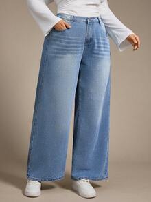 Auralis Quần Jeans Ống Rộng Màu Đen Dáng Rộng Cho Nữ Size Lớn - Rửa trung bình - Xem 3