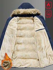 Manfinity Homme 男士中长款连帽开衫羽绒服，带毛领，保暖内衬，秋冬季男士外套，男士带毛领派克大衣，保暖内衬男士夹克，男士冬季外套，适合男士日常休闲、周末旅行、户外活动、探险旅行、轻松的工作环境或半正式场合，也是送给男友/丈夫、周年纪念日/生日、派对、圣诞节和新年礼物的理想之选。 - 藍色 - 查看 4