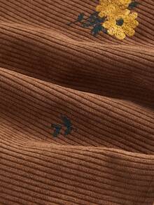 SHEIN MOD 复古棕色雏菊装饰前口袋吊带裙，冬季连衣裙，复古连衣裙，海盗风连衣裙，连衣裙，节日连衣裙，灯芯绒连衣裙 - 棕色 - 查看 4